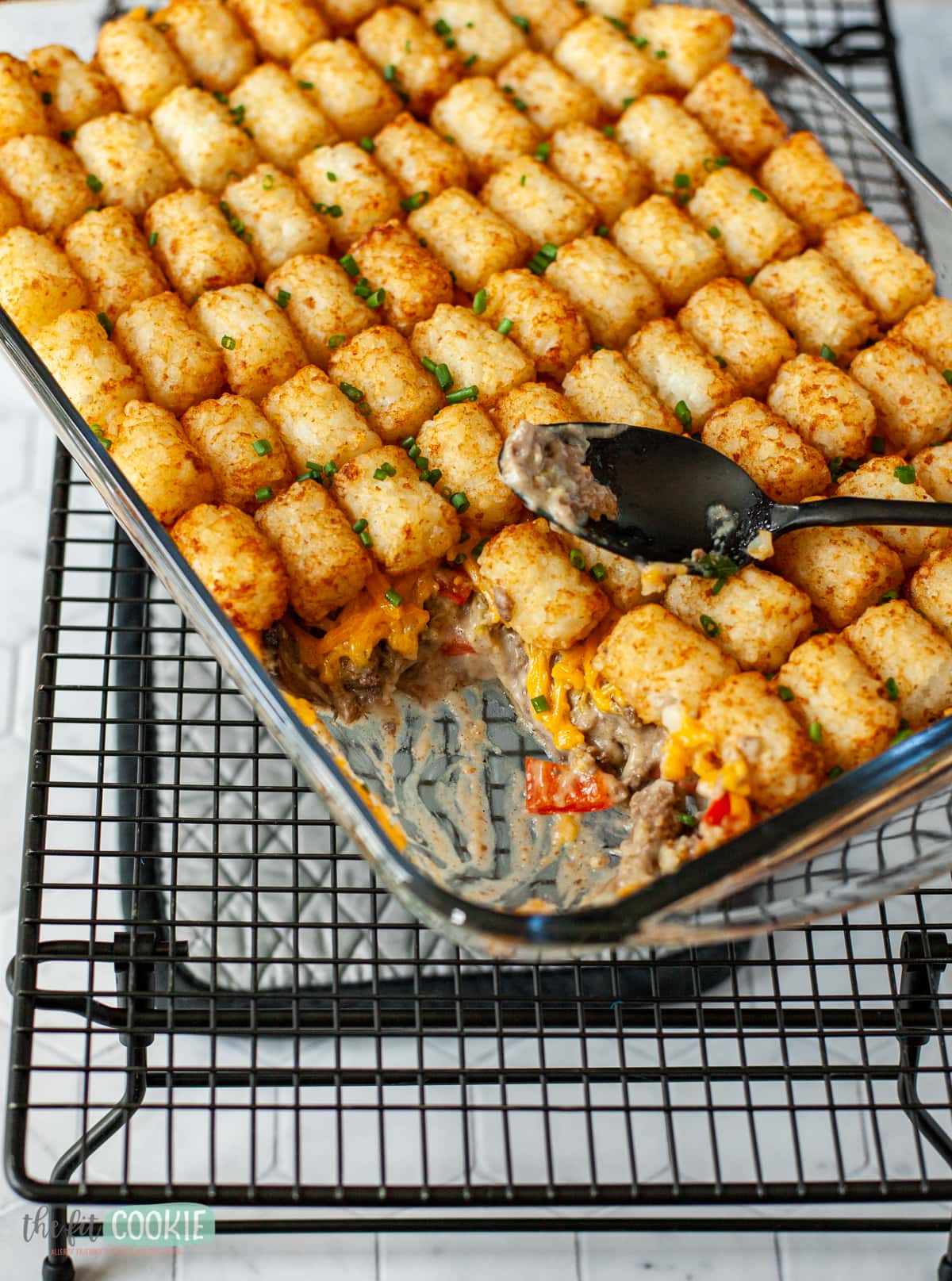 dairy free tater tot casserole in a glass baking dish