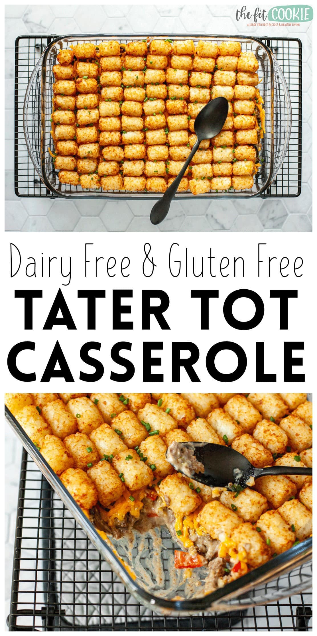 photo collage of tater tot casserole in a glass baking pan