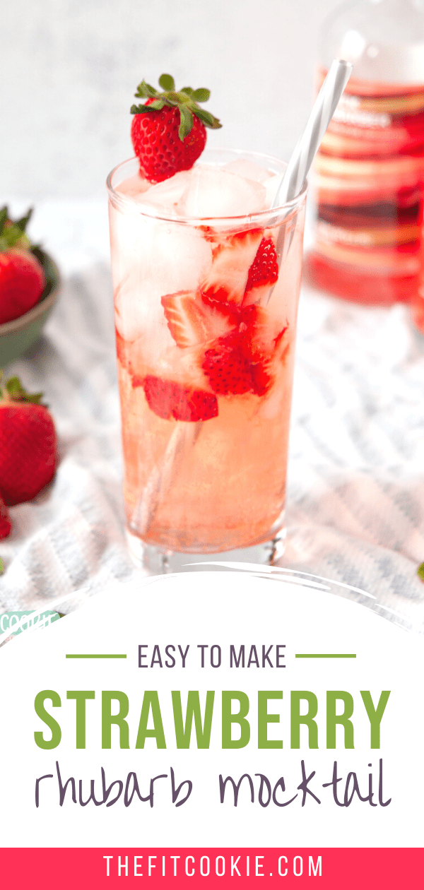 photo of strawberry rhubarb mocktail with text overlay