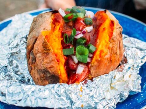 Image for Foil Wrapped Baked Sweet Potatoes and Chili
