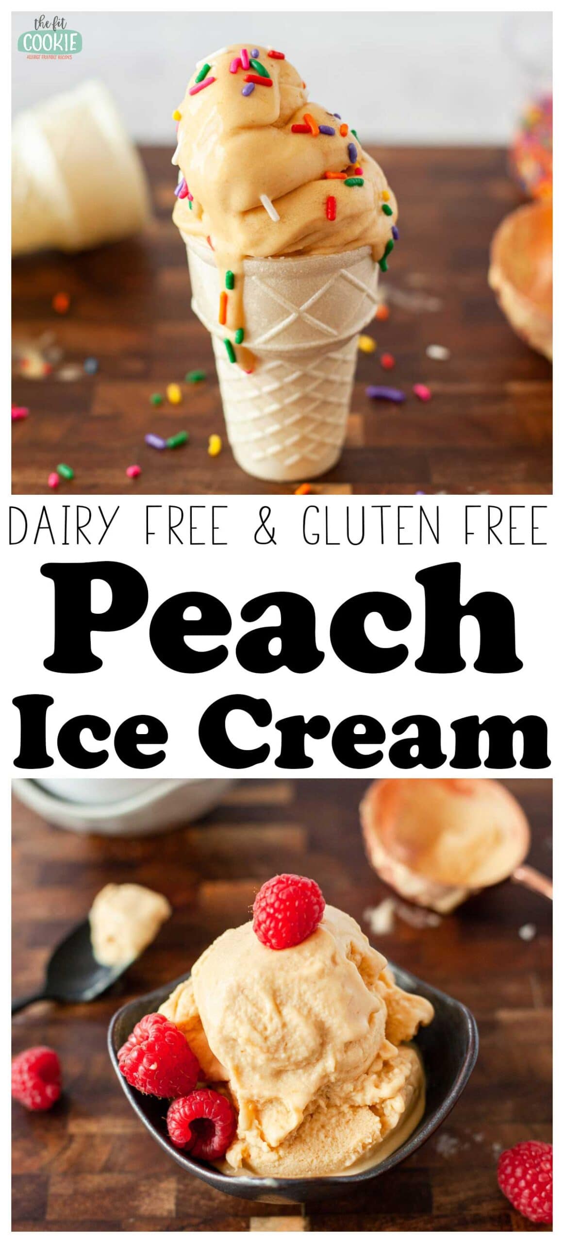 photo collage of dairy free peach ice cream 
