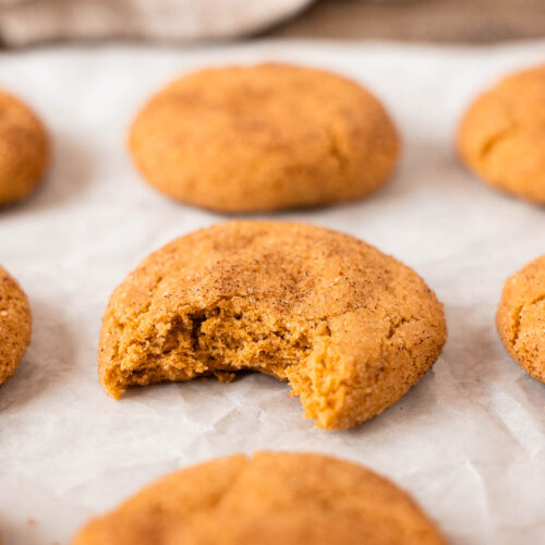 A close-up of several round pumpkin snickerdoodles on parchment paper, with one cookie in the center showing a bite taken out of it.