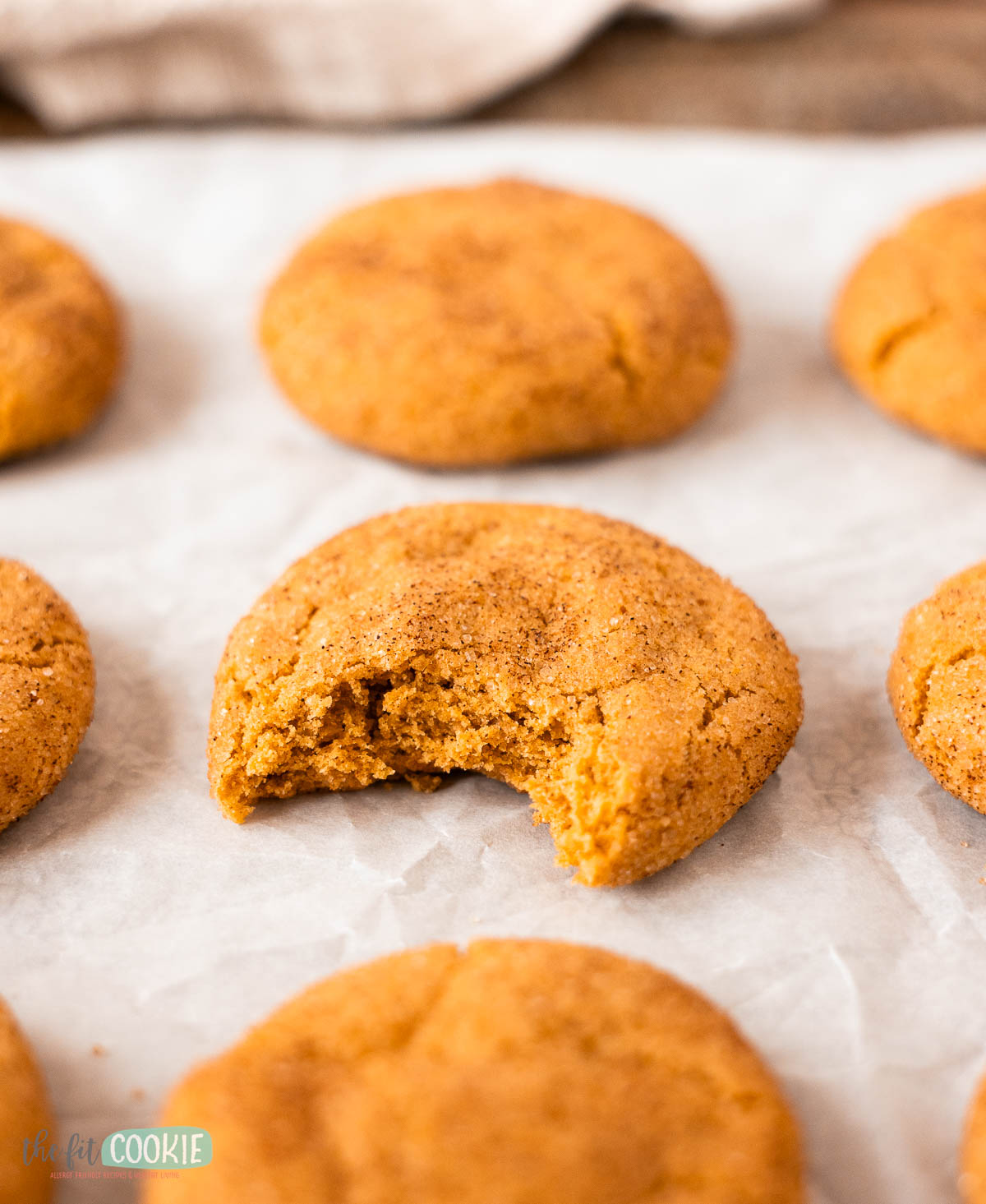 Several round pumpkin snickerdoodles are arranged on parchment paper, with one cookie in the center showing a bite taken out of it.