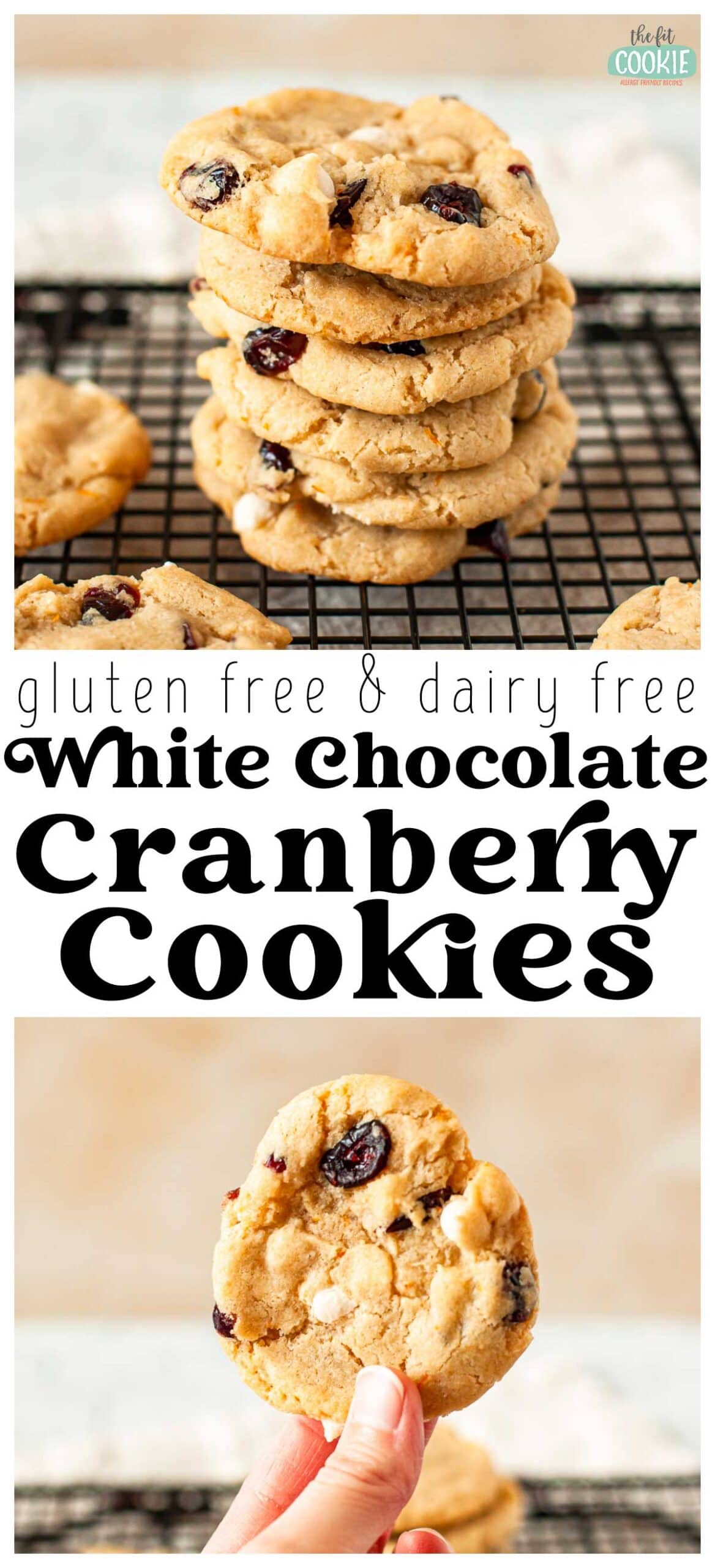 photo collage of allergy friendly white chocolate cranberry cookies 
