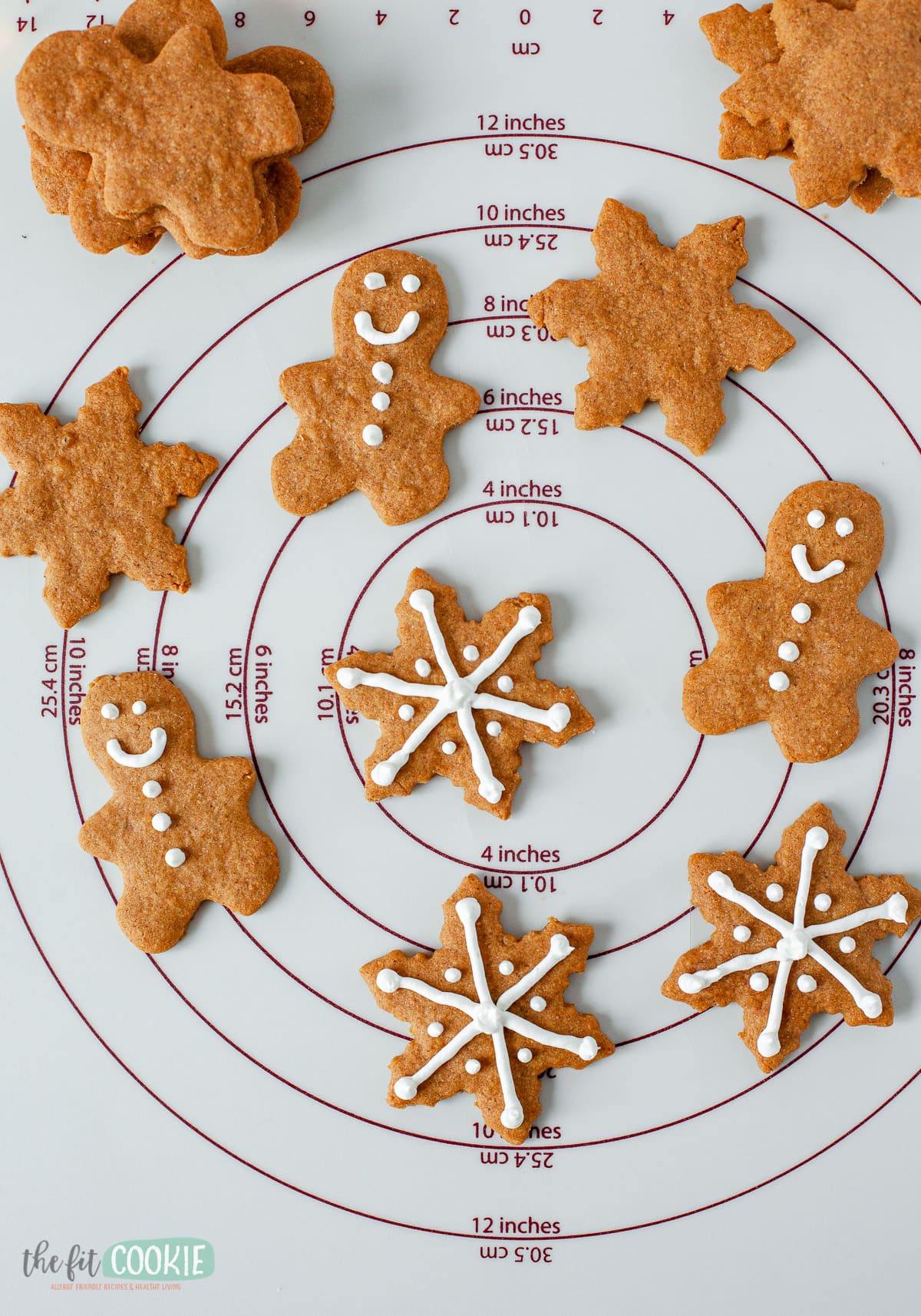 overhead photo of gluten free gingerbread cookies on silicone mat
