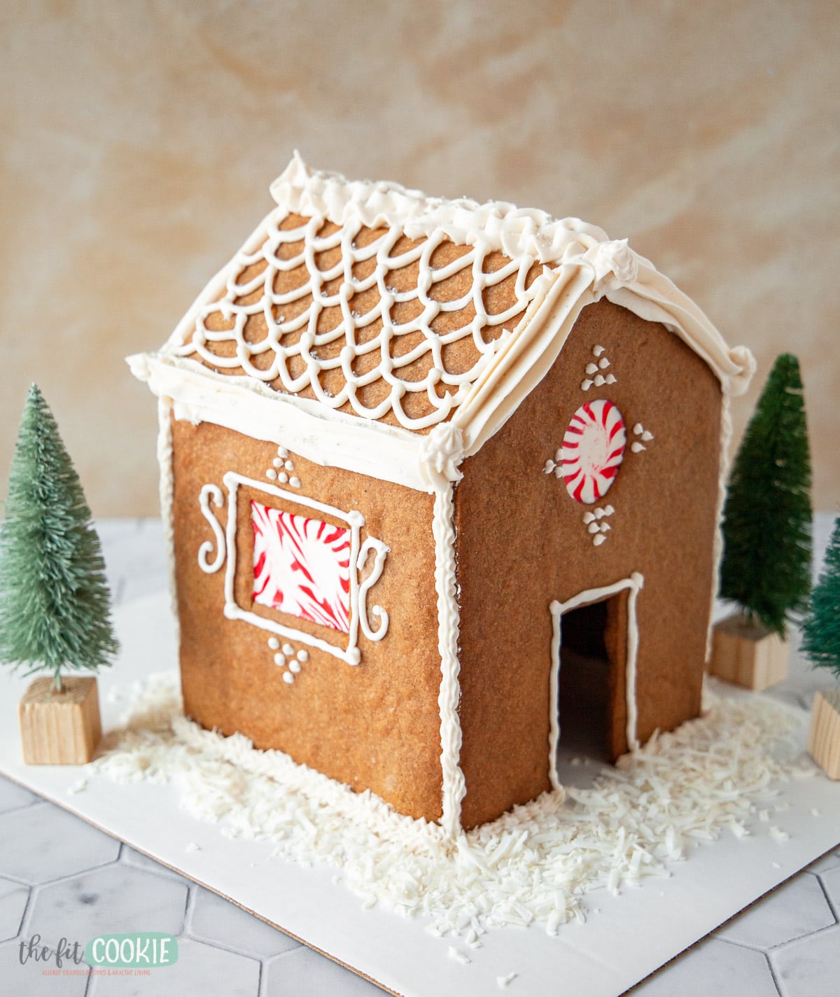allergy friendly gingerbread house with bottle brush trees