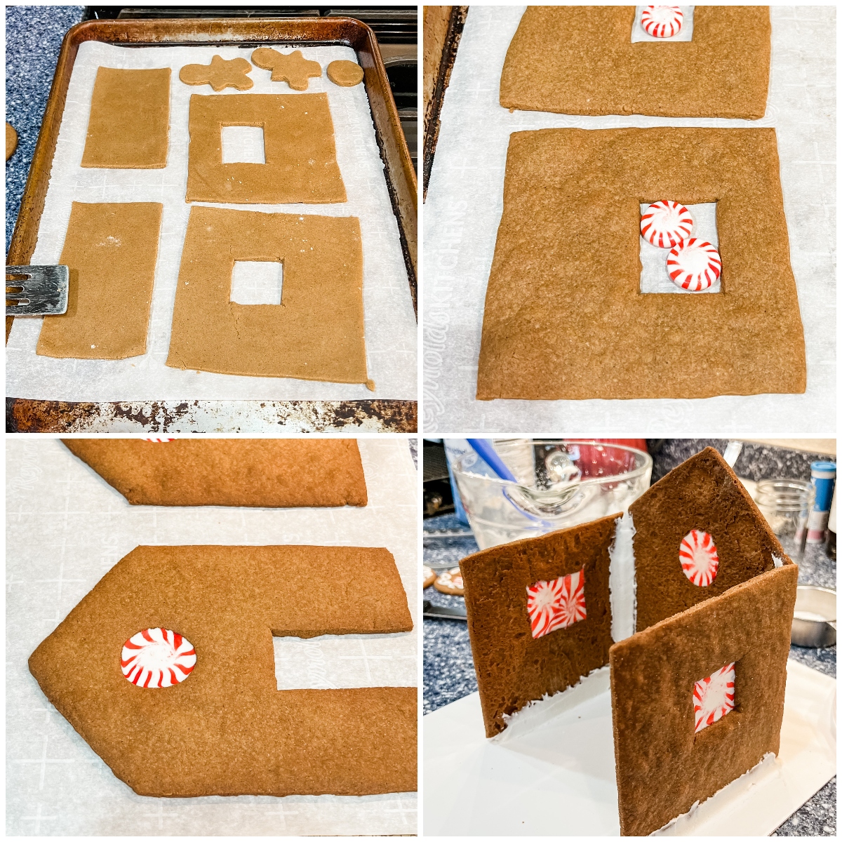 photo collage showing steps to make gluten free gingerbread house