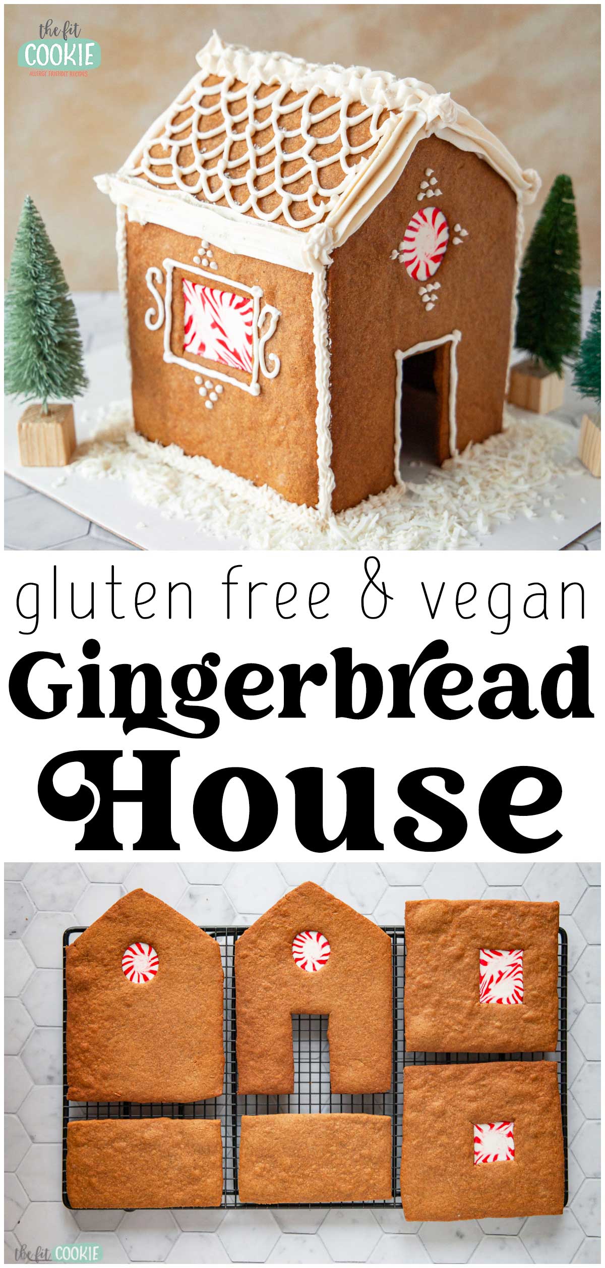 photo collage of gluten free gingerbread house and text