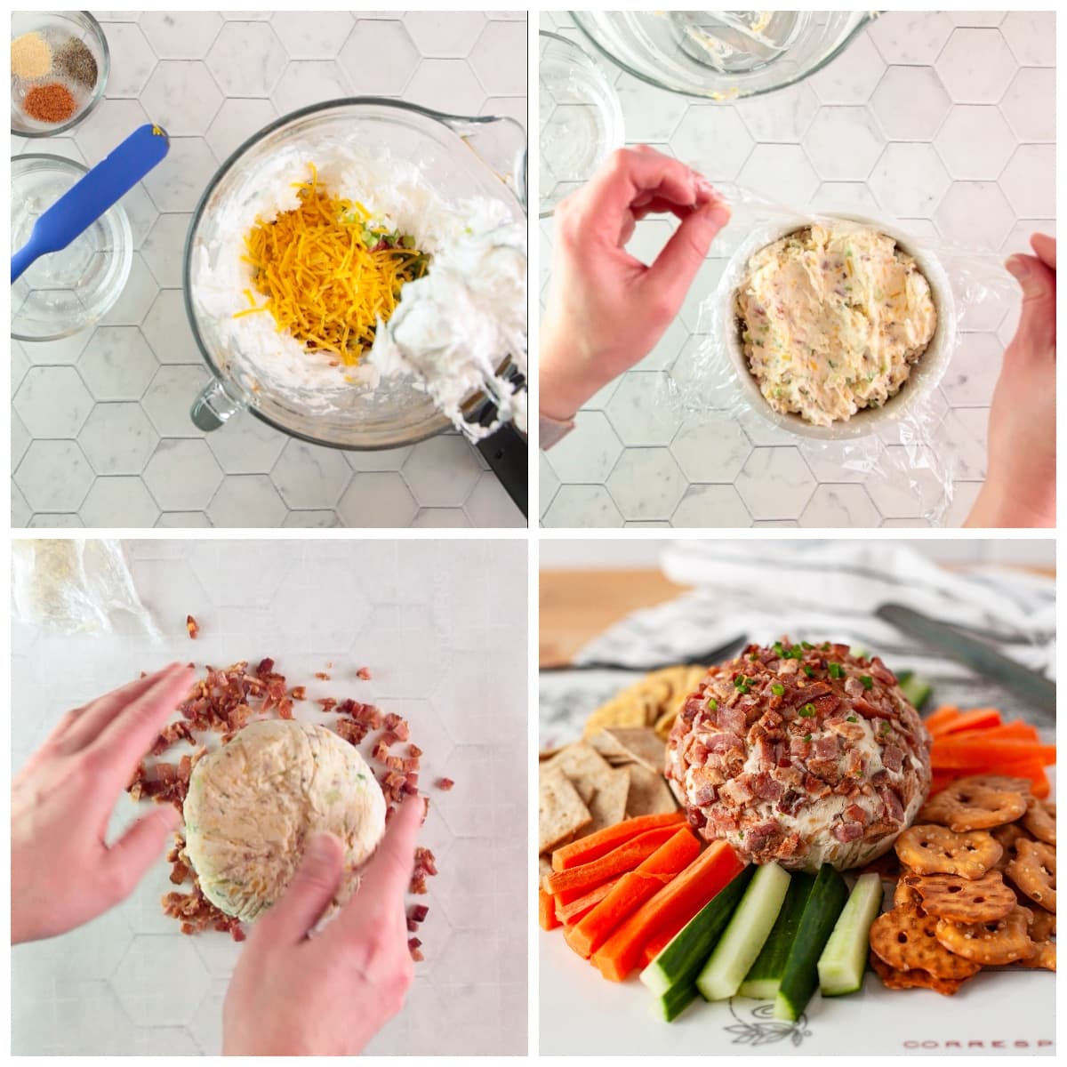 photo collage of steps to make a dairy free cheese ball