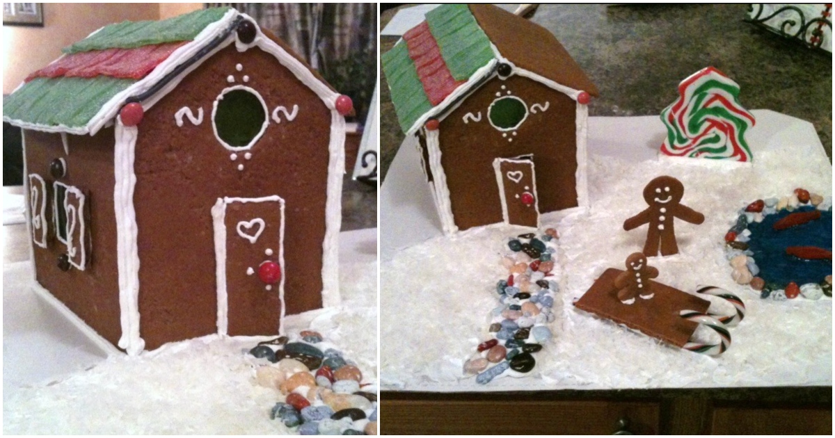 photo collage of older gingerbread scene from 2011 that is decorated with candy