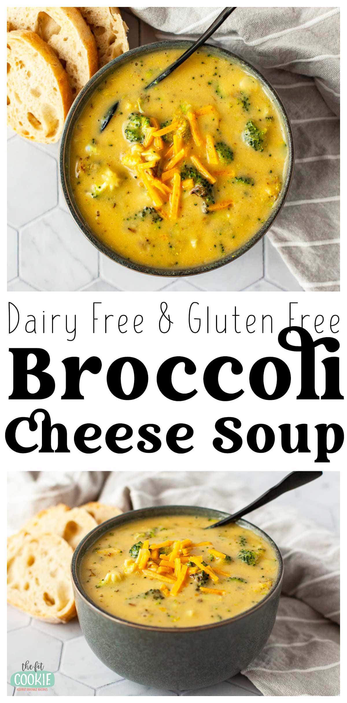 photo collage of broccoli cheese soup with black spoon