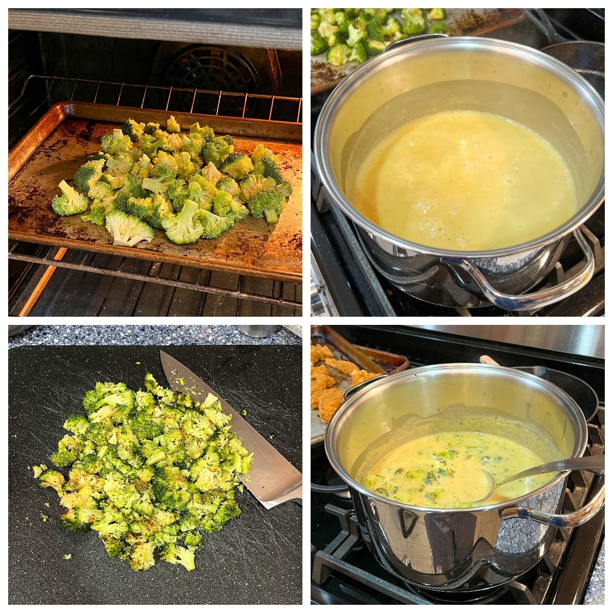 photo collage showing steps to make dairy free broccoli cheese soup