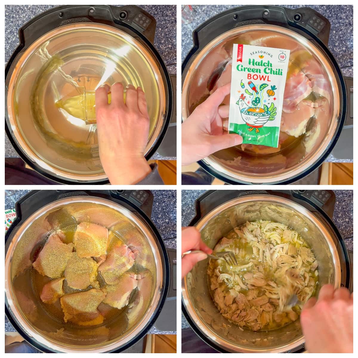 photo collage showing steps to make green chili instant pot shredded chicken 