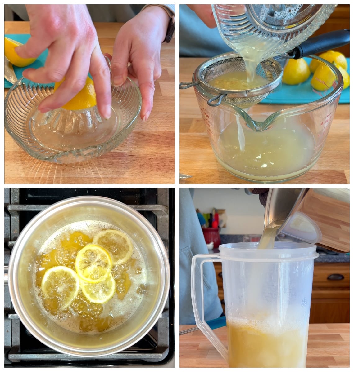 photo collage showing various steps to make homemade lemonade with fresh lemons.