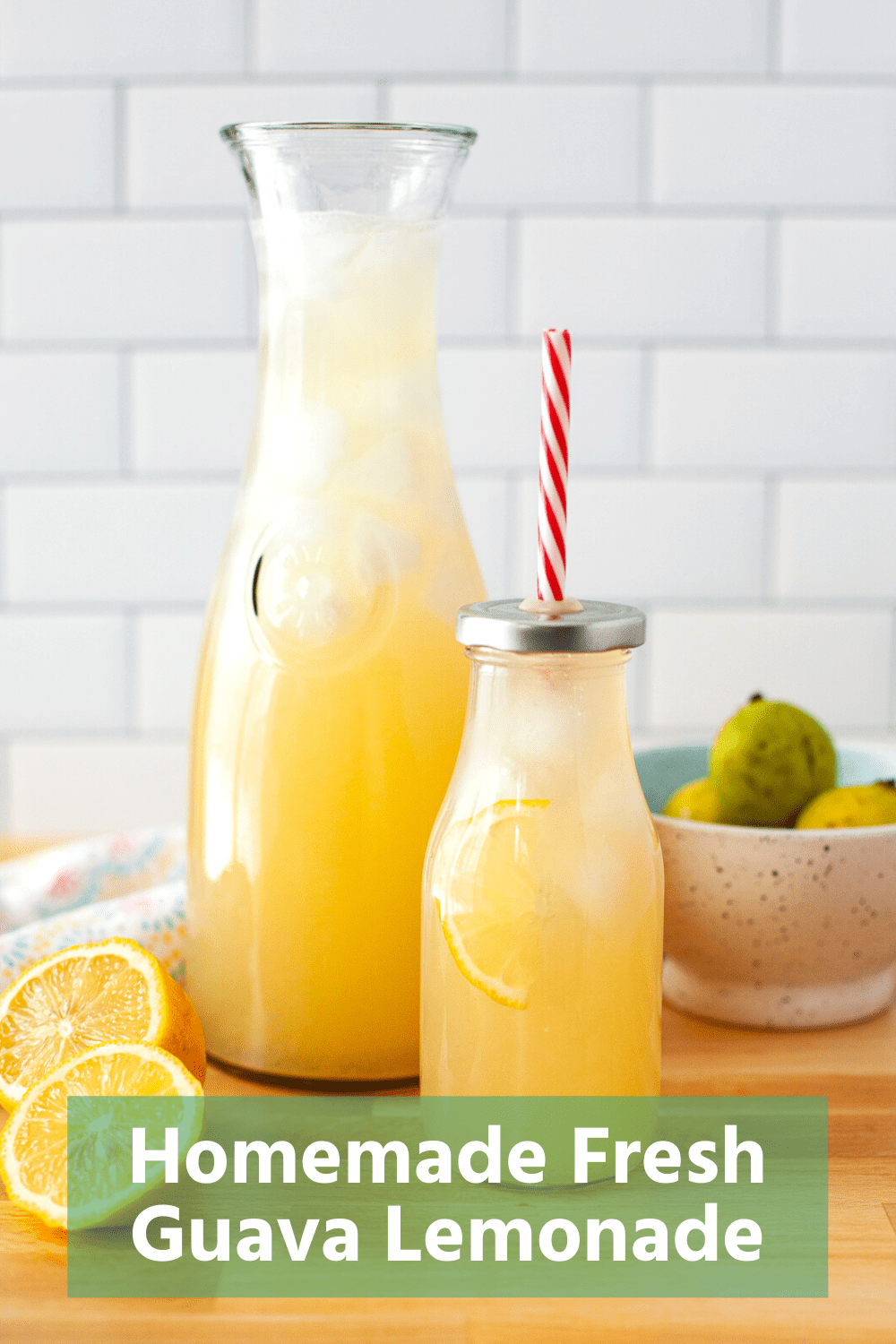 glass carafe and bottle filled with homemade lemonade made with fresh lemons.