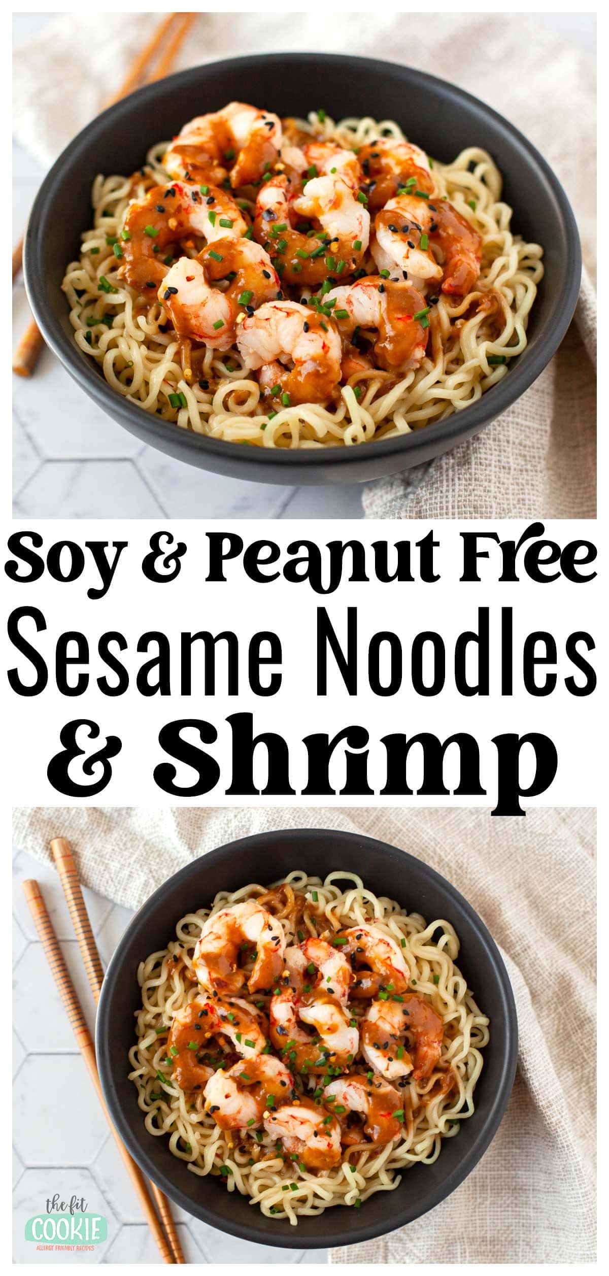 photo collage of sesame shrimp and noodles in a black bowl with text overlay. 