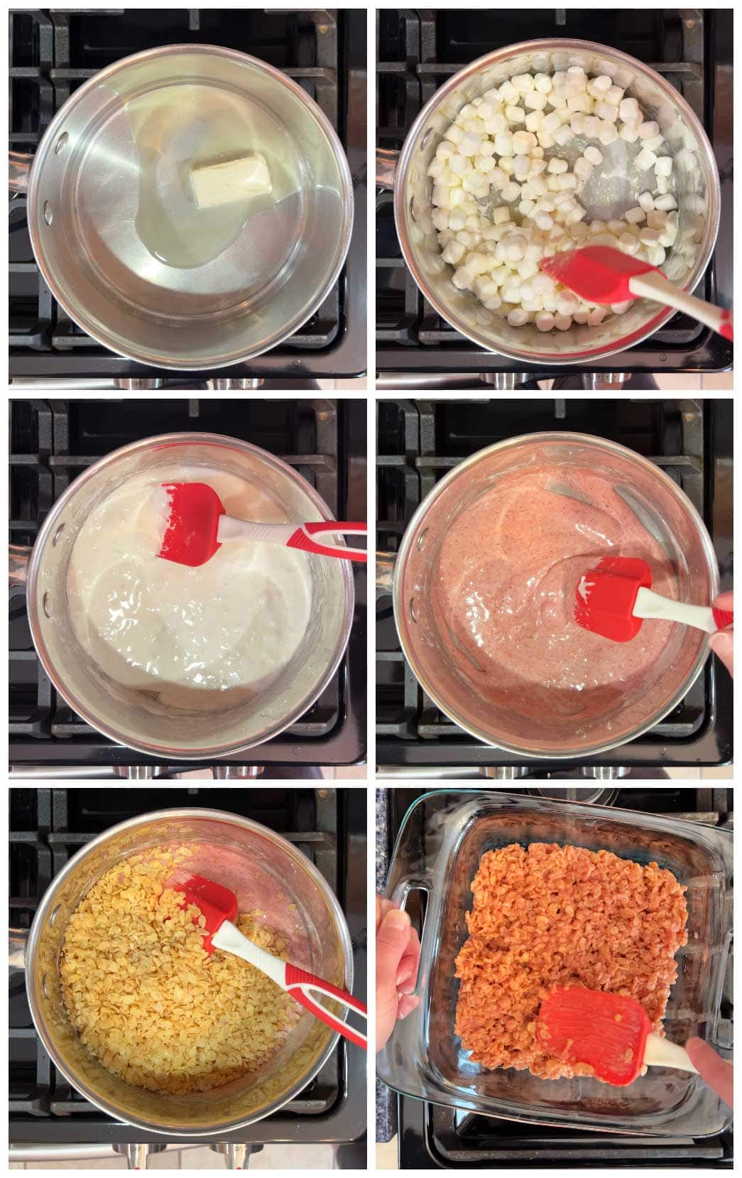 photo collage showing steps to make strawberry rice crispy treats. 