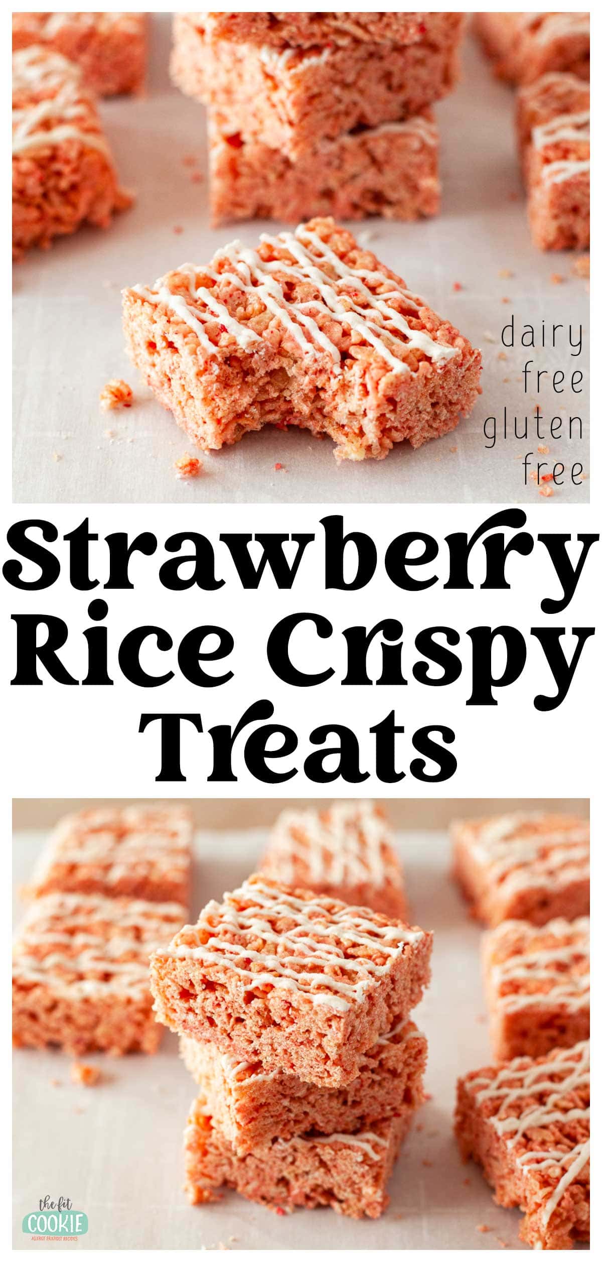 photo collage showing strawberry rice crispy treats with white chocolate on top. 