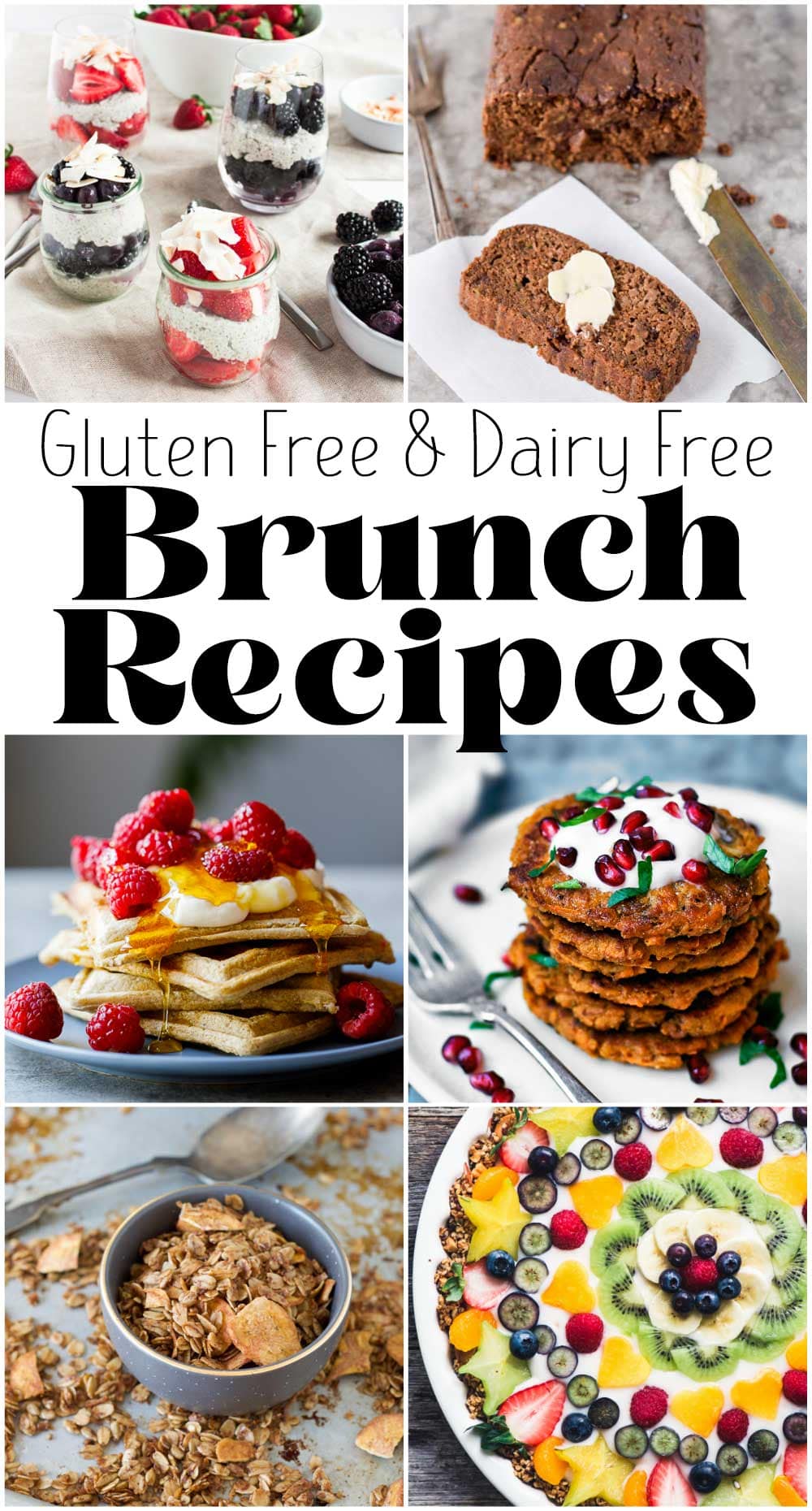 photo collage of various breakfast ad brunch recipes with text overlay that says "gluten free and dairy free brunch recipes".