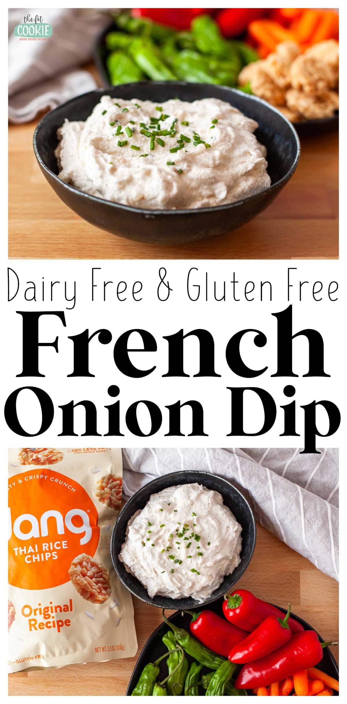 photo collage of several views of black bowl with dairy free french onion dip. 
