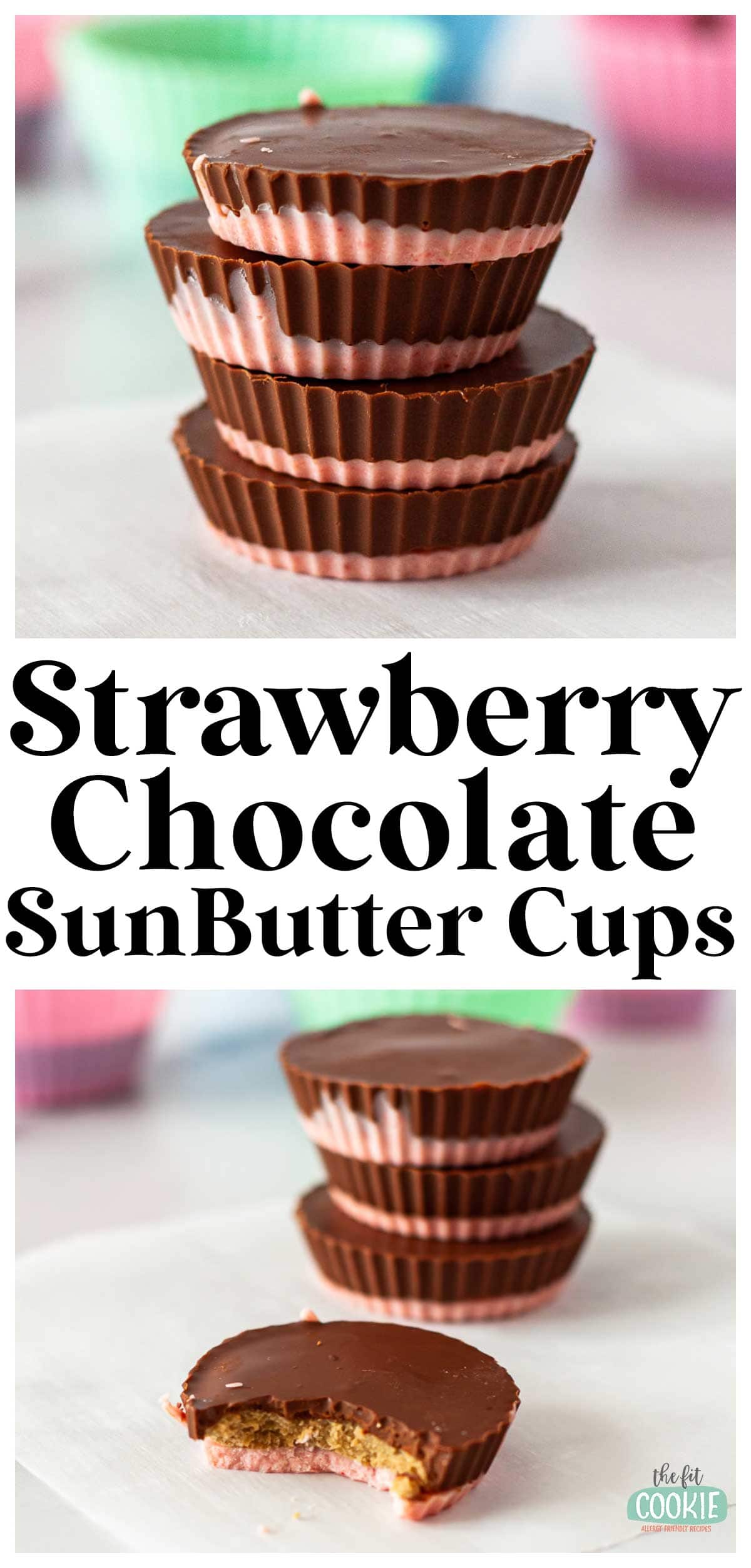 photo collage of strawberry chocolate  peanut butter cups. 