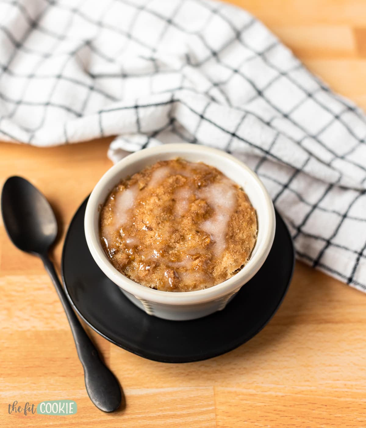 banana bread mug cake in a white ramekin.