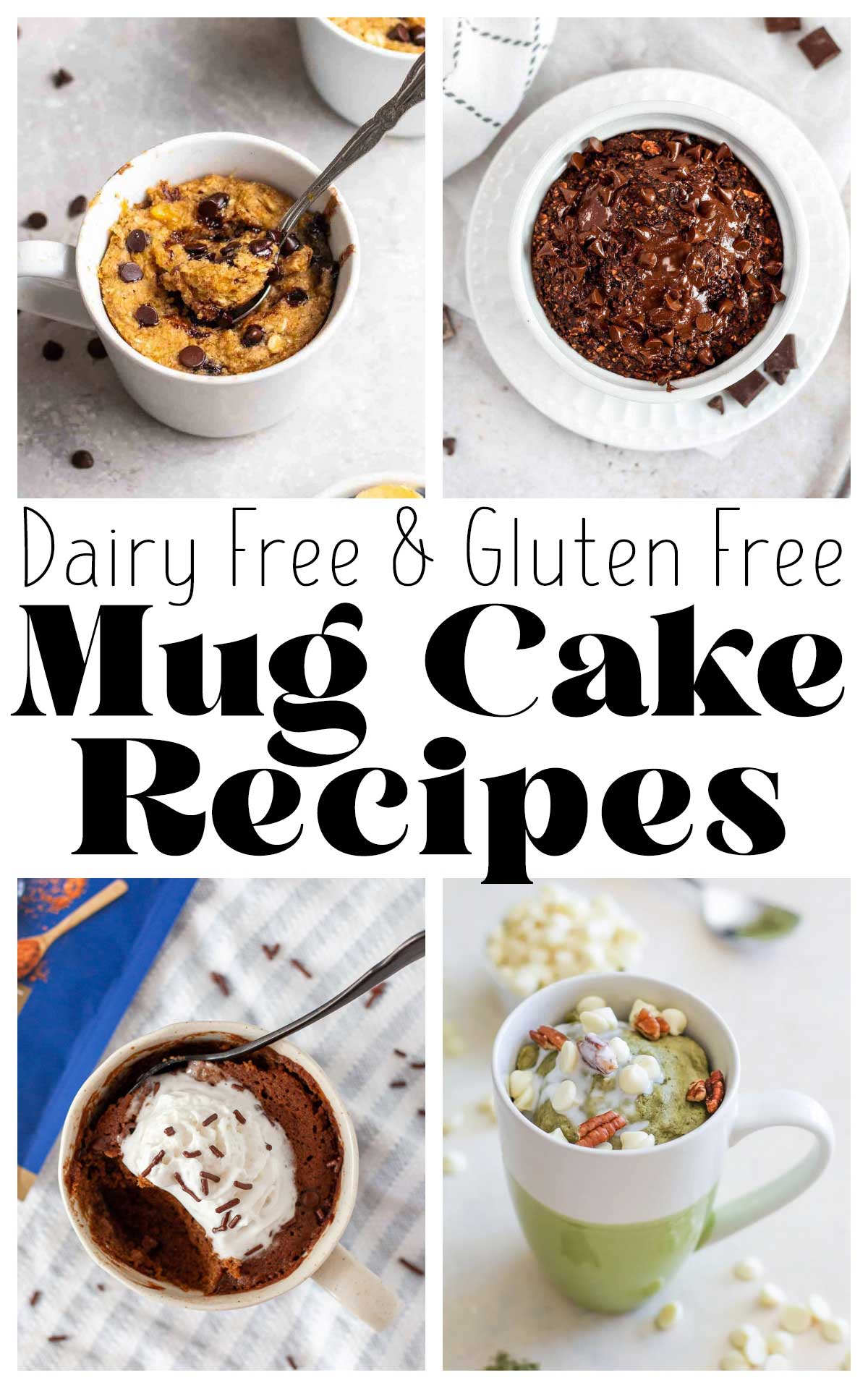 photo collage of 4 kinds of mug cakes with text overlay. 
