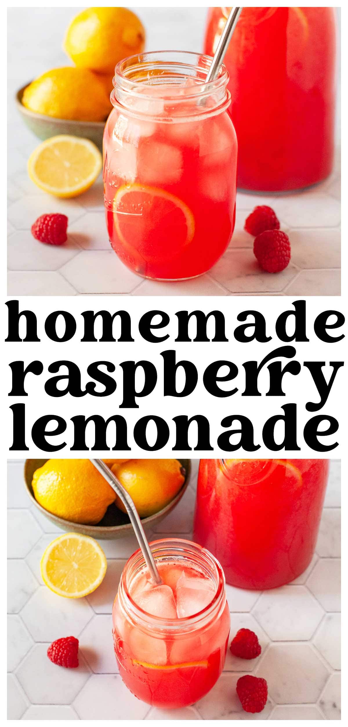 photo collage of raspberry lemonade in a glass jar. 