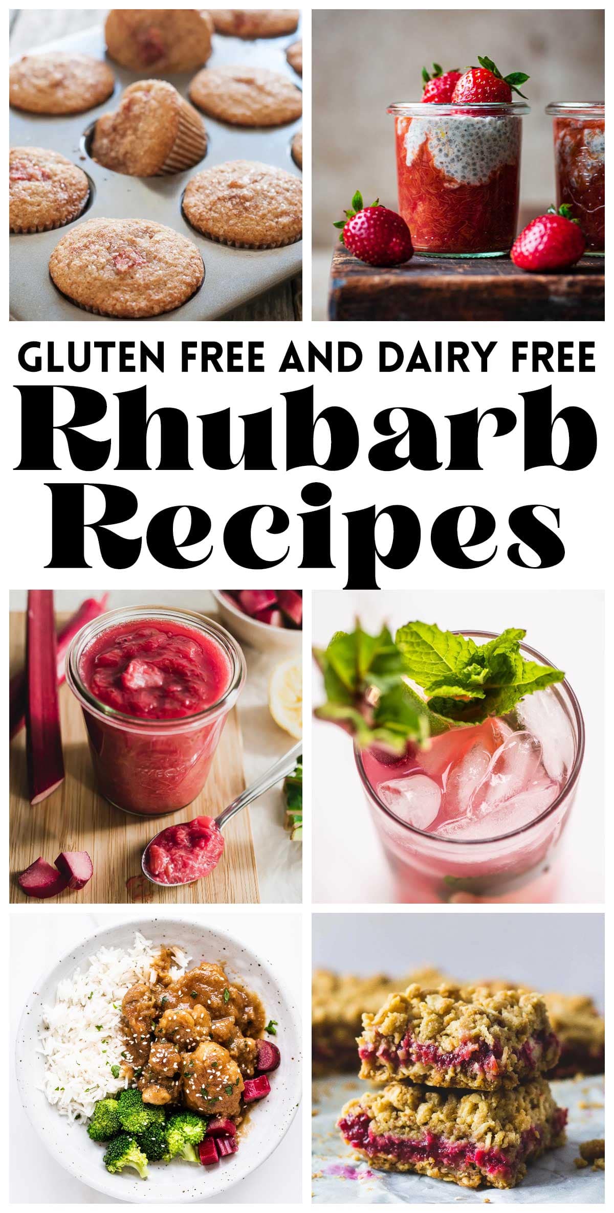 photo collage with various recipes for rhubarb with text overlay that says "gluten free and dairy free rhubarb recipes".