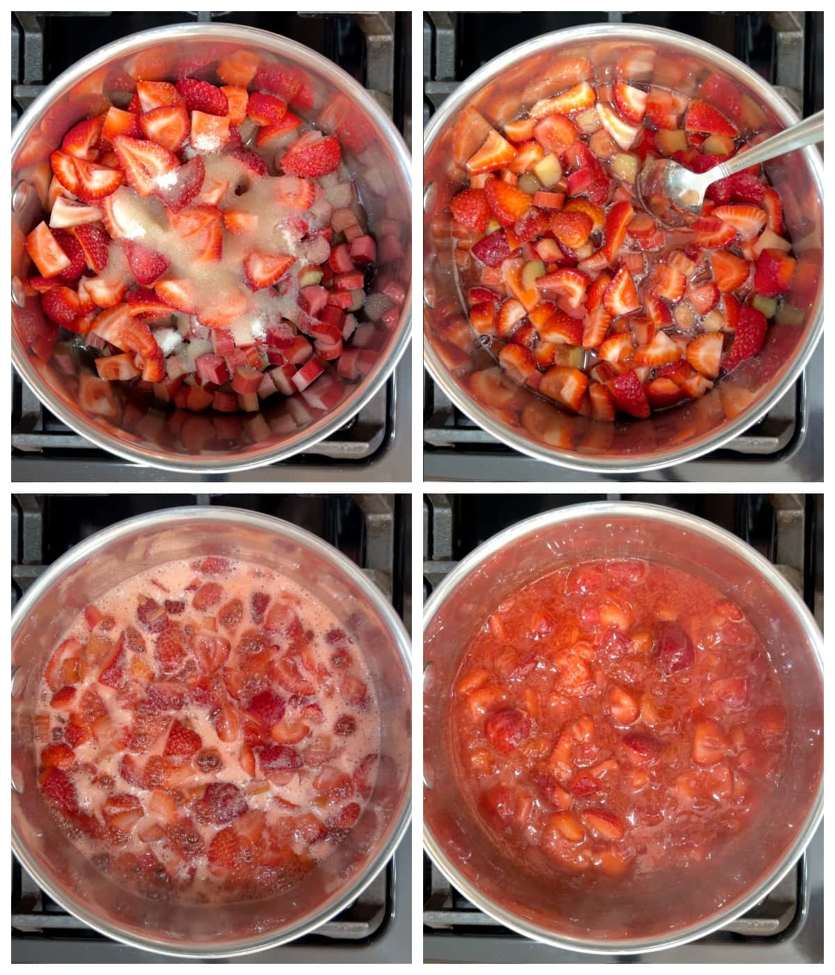 photo collage showing steps to make strawberry rhubarb filling. 