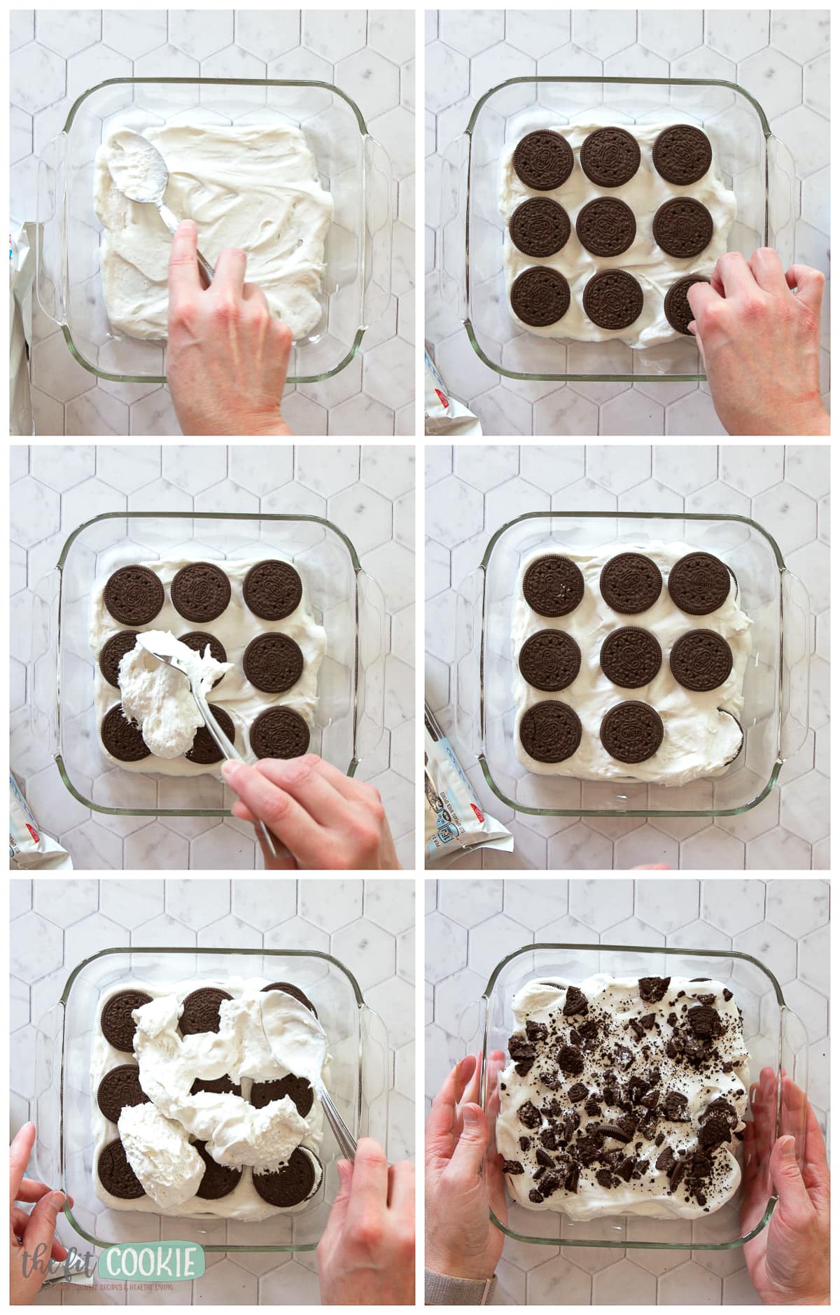 photo collage of overhead photos of gluten free oreo cookie icebox cake. 