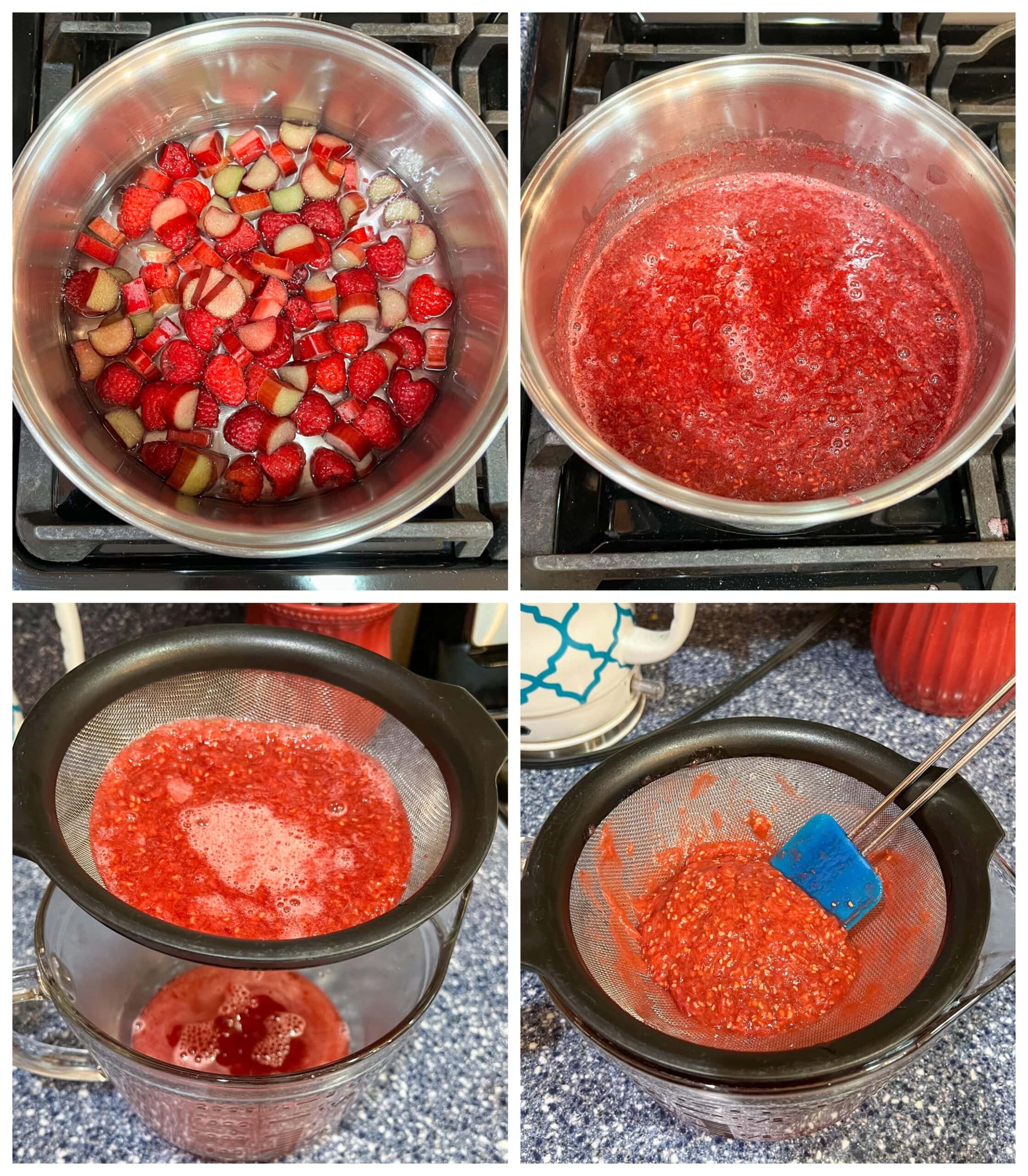 photo collage of steps to make raspberry popsicles. 