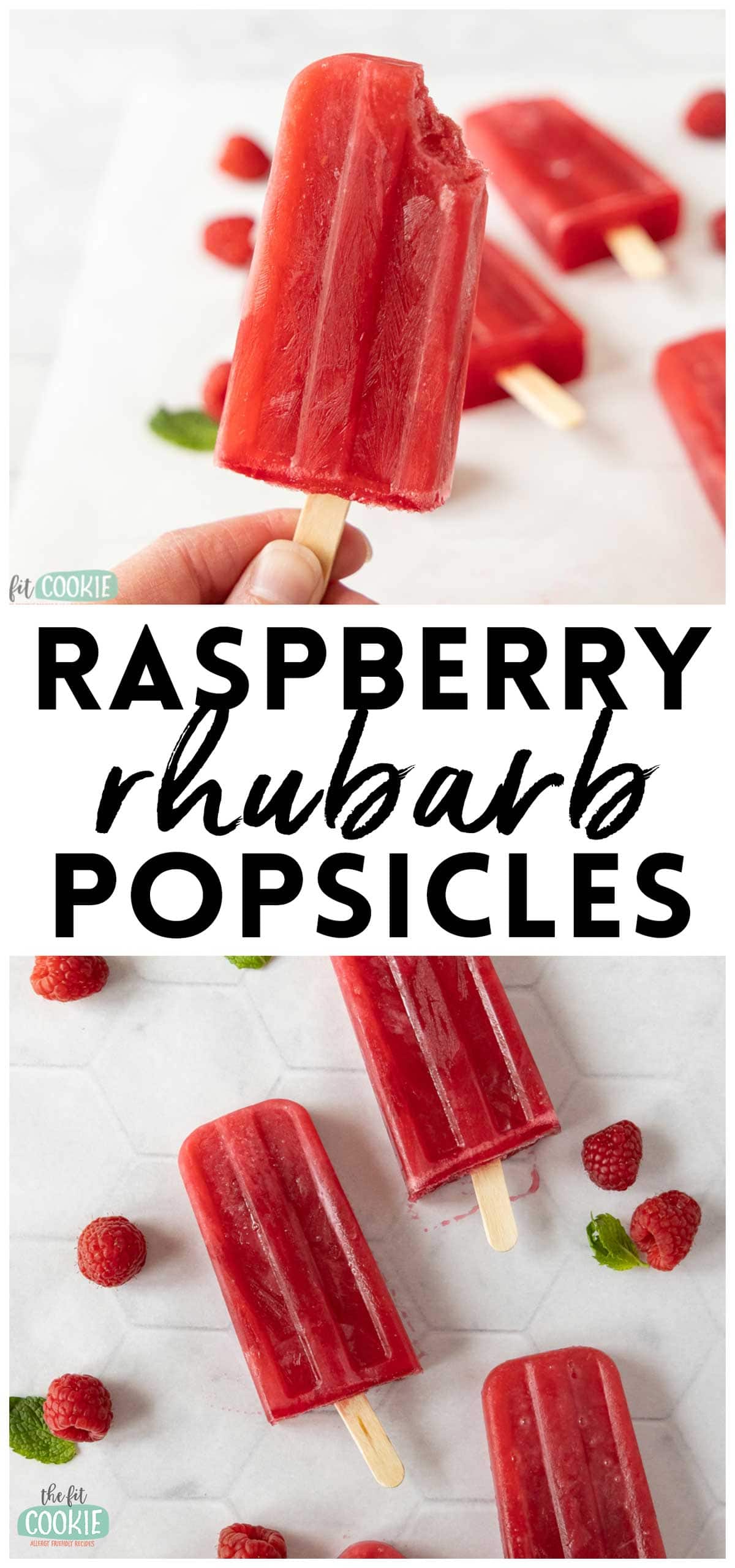 photo collage of various images of raspberry rhubarb popsicles. 