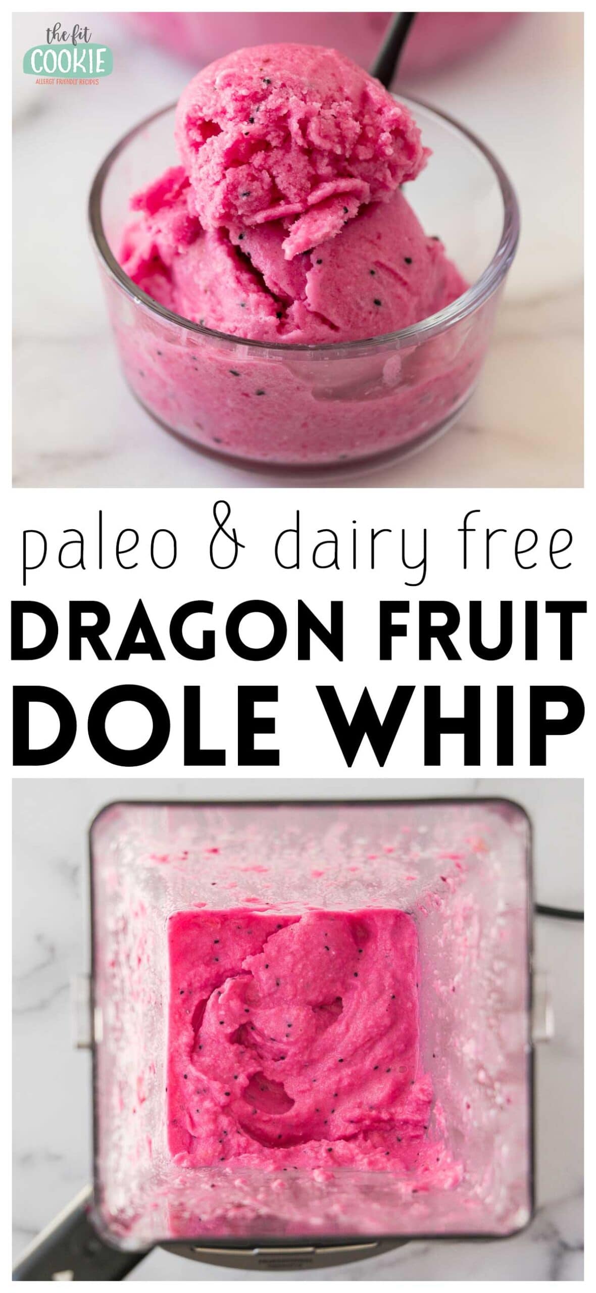 photo collage of pink dragon fruit dole whip in a glass cup and a blender. 