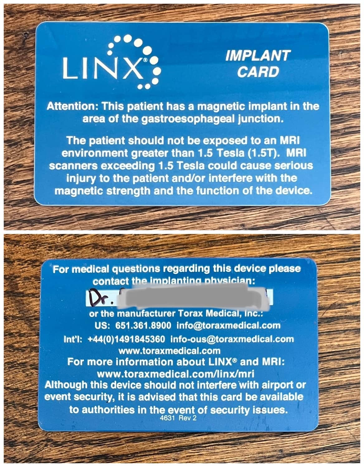 photo of a LINX device implant card front and back. 