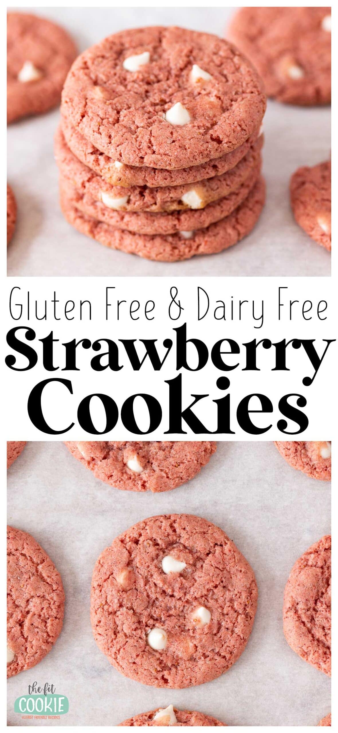 photo collage of gluten free pink strawberry cookies with white chocolate chips. 