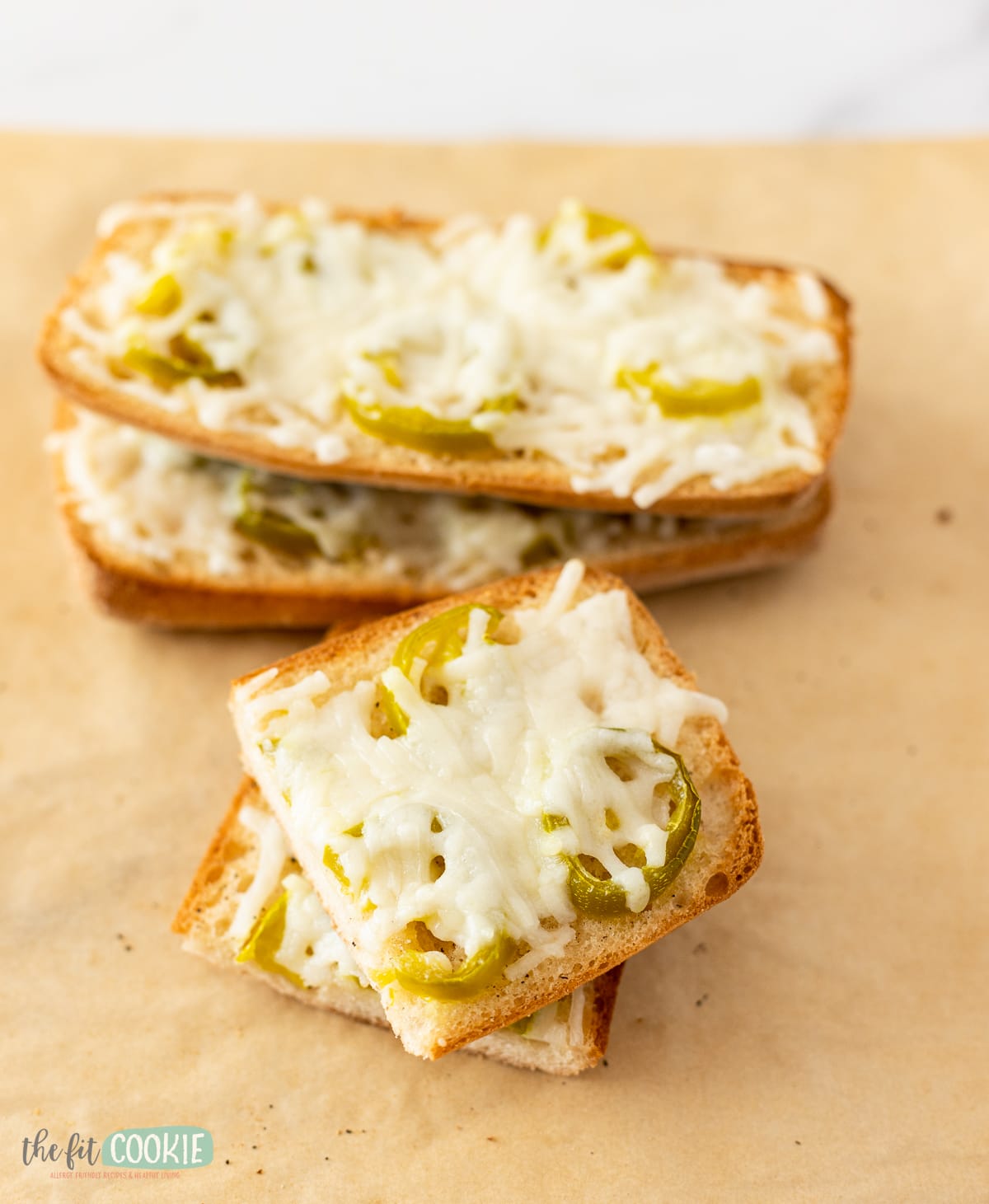 close up photo of gluten free jalapeno garlic cheese bread. 