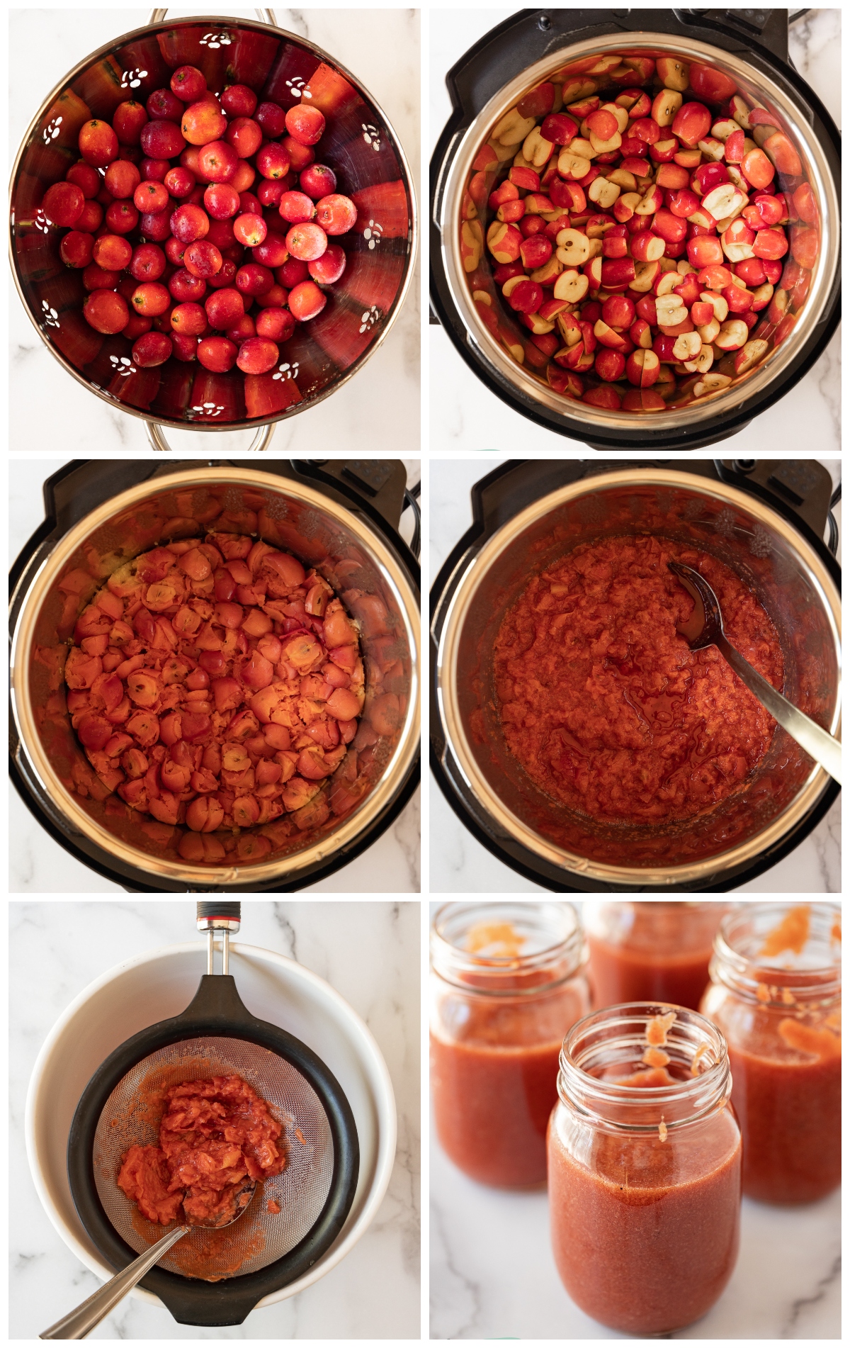 photo collage showing the various steps to cook crabapples for making crabapple butter. 
