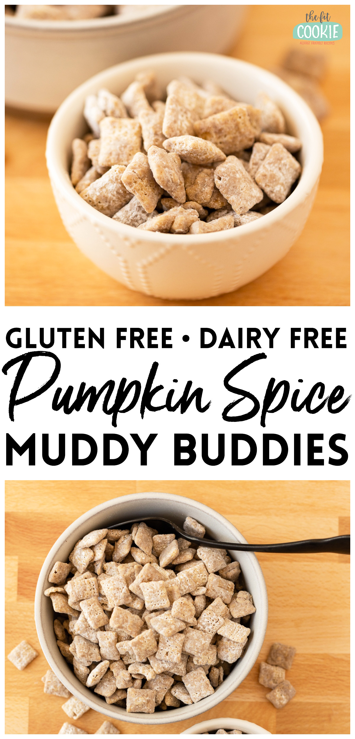 photo collage with pumpkin spice muddy buddies in white bowls. 