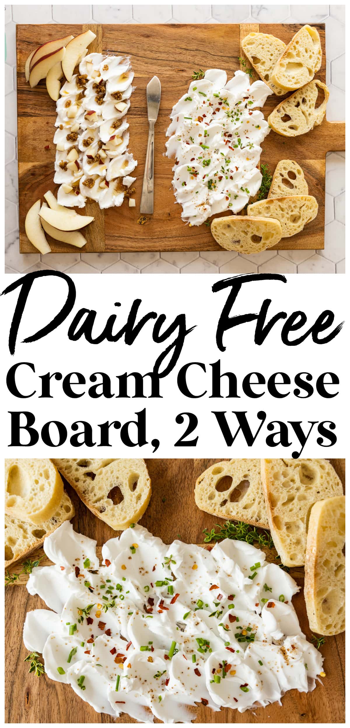 photo collage showing 2 different kinds of dairy free cream cheese spread on a wood board. 