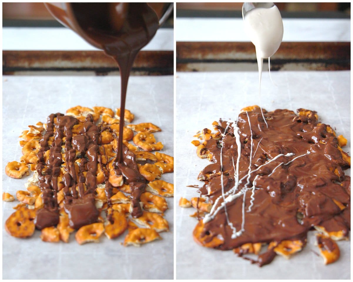 photo collage showing melted chocolate being poured over pretzels on a parchment paper lined sheet pan. 