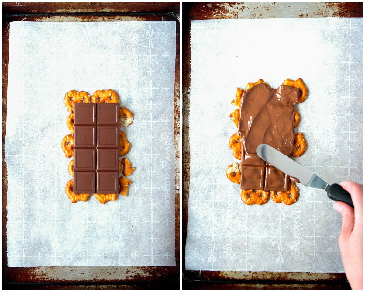photo collage showing a way to make chocolate bark using a chocolate bar and the oven.