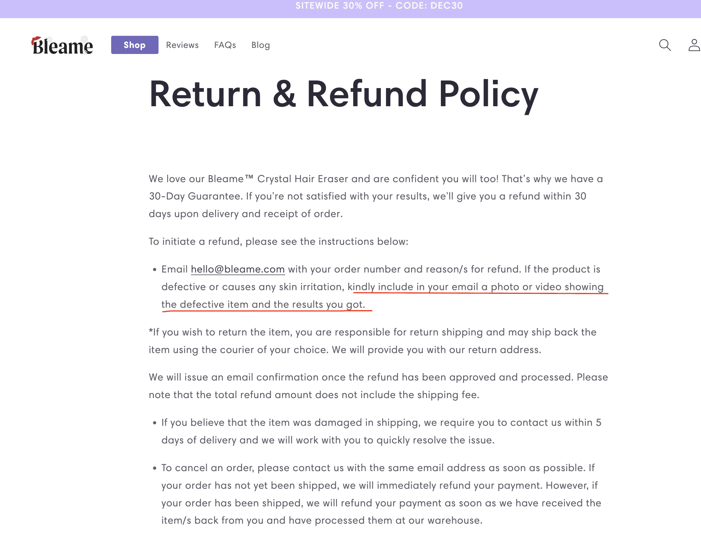 screenshot of bleame website return and refund policy. 
