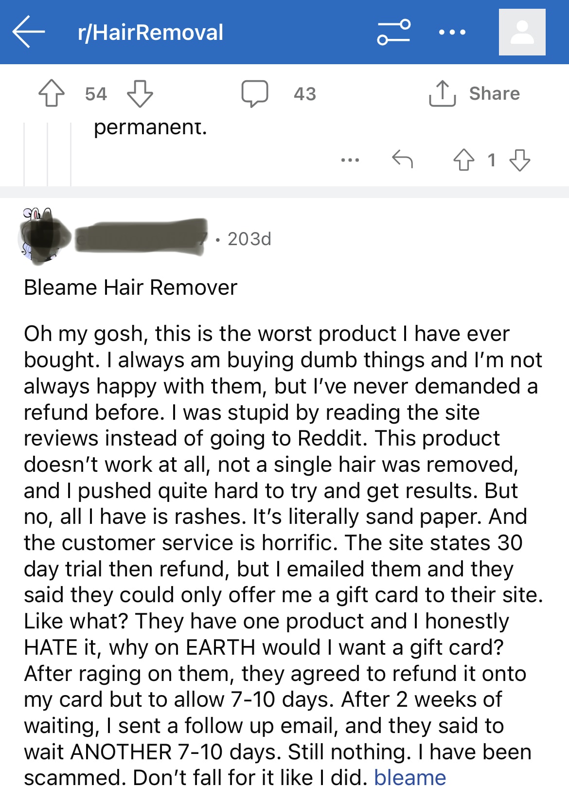censored screenshot of reddit comment about the bleame crystal hair eraser. 