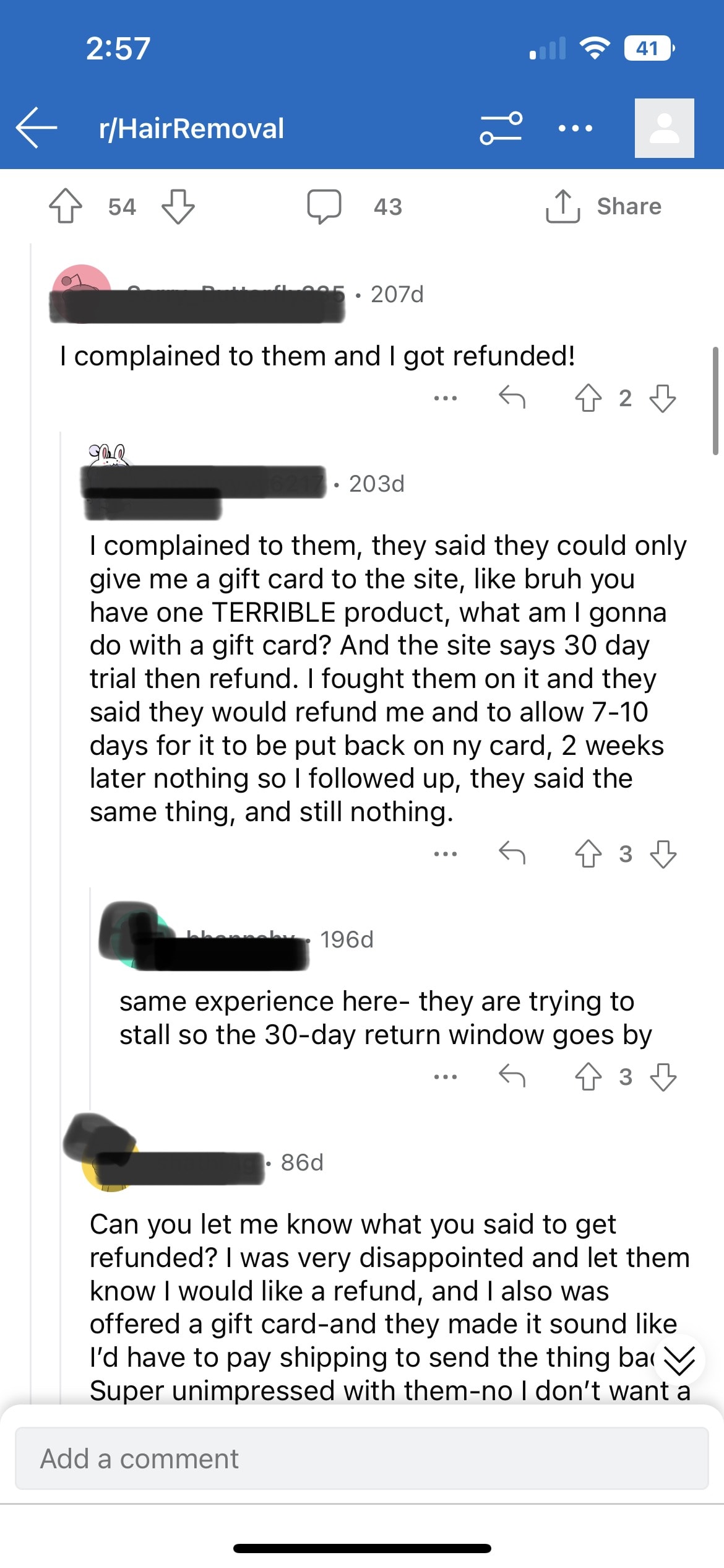 screenshot of reddit comments sharing their customer service experience with Bleame.