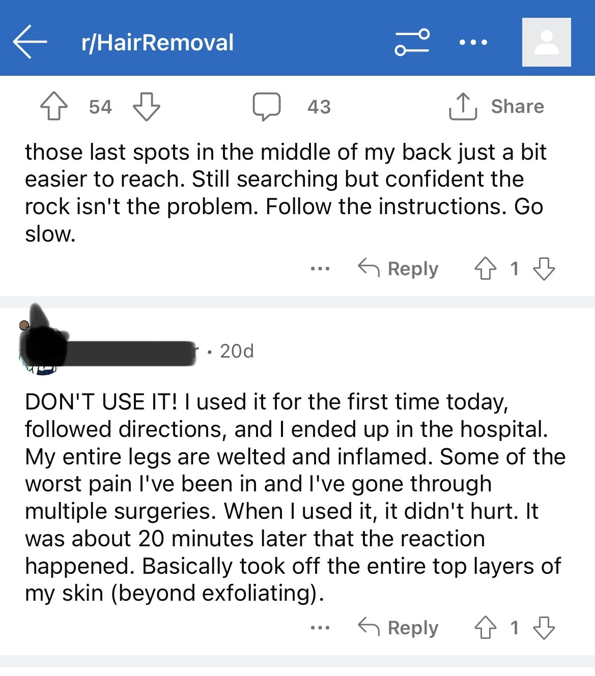 screenshot of reddit comment sharing skin injury from crystal hair remover. 