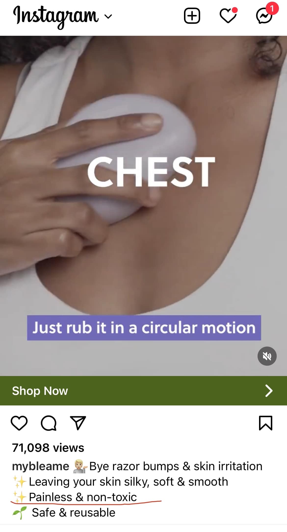Bleame instagram ad showing woman using bleame on chest. 