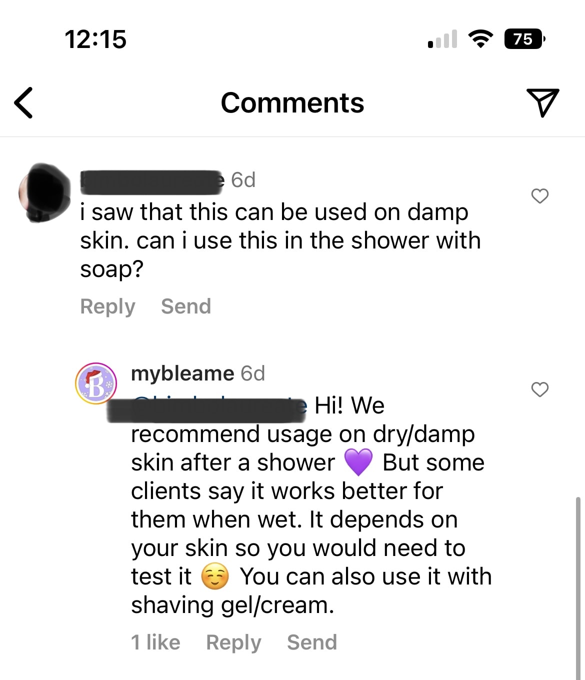 screenshot of Bleame instagram comment on how to use their product.