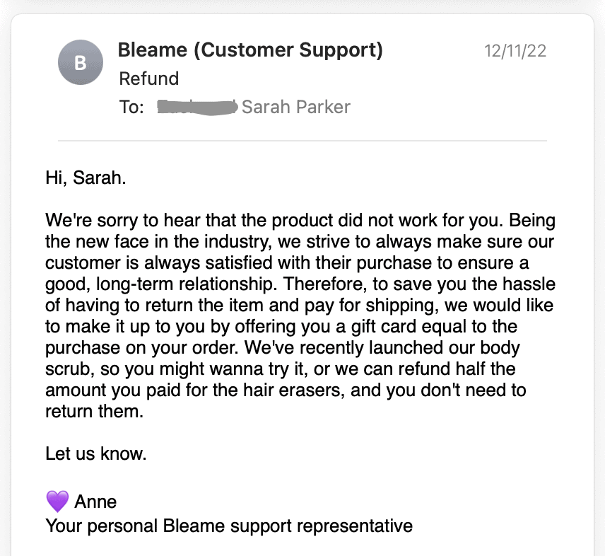 screenshot image of email from bleame customer service about return and refund. 