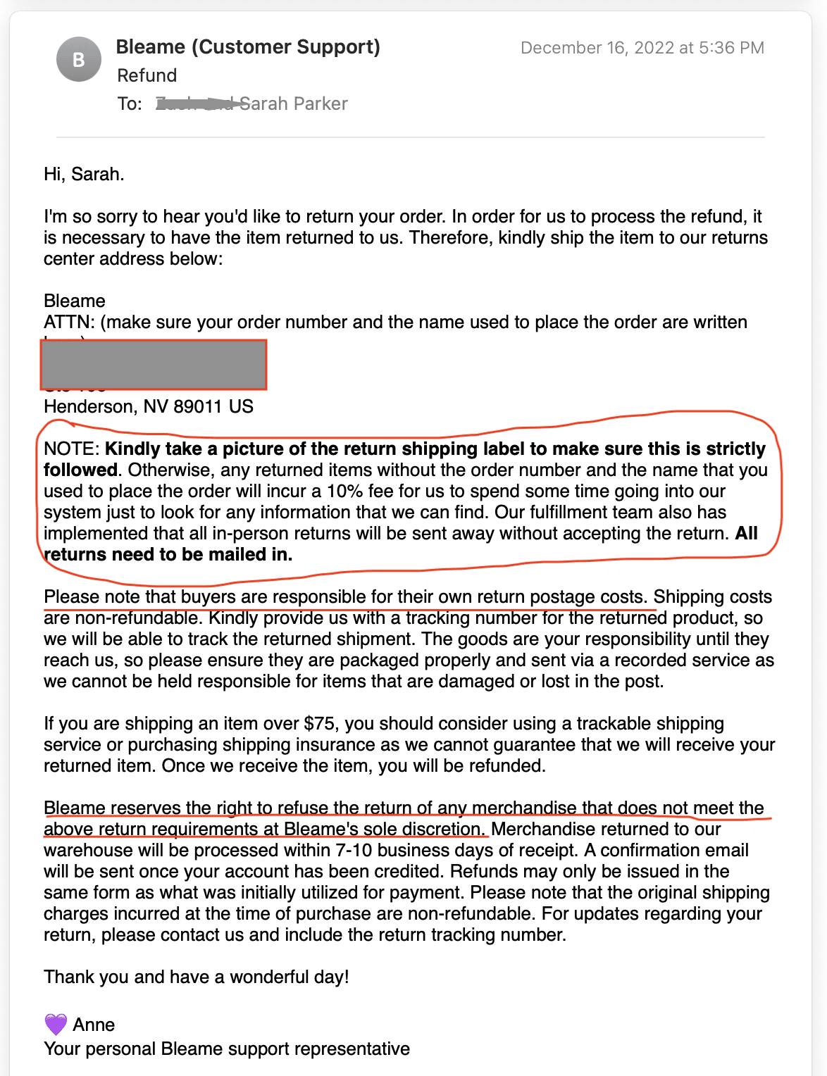screenshot of email from bleame customer service detailing steps for product return. 